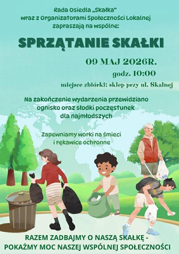Rada Osiedla "Skałka" wraz z Organizatorami Społeczności Lokalnej zapraszają na wspólne sprzątanie Skałki. 9 maj 2026 r. godz. 10:00 miejsce zbiórki: sklep przy ul. Skalnej. Na zakończenie wydarzenia przewidziano ognisko oraz słodki poczęstunek dla najmłodszych. Zapewniamy worki na śmierci i rękawice ochronne. Razem zadbajmy o naszą Skałkę - pokażmy moc naszej wspólnej społeczności