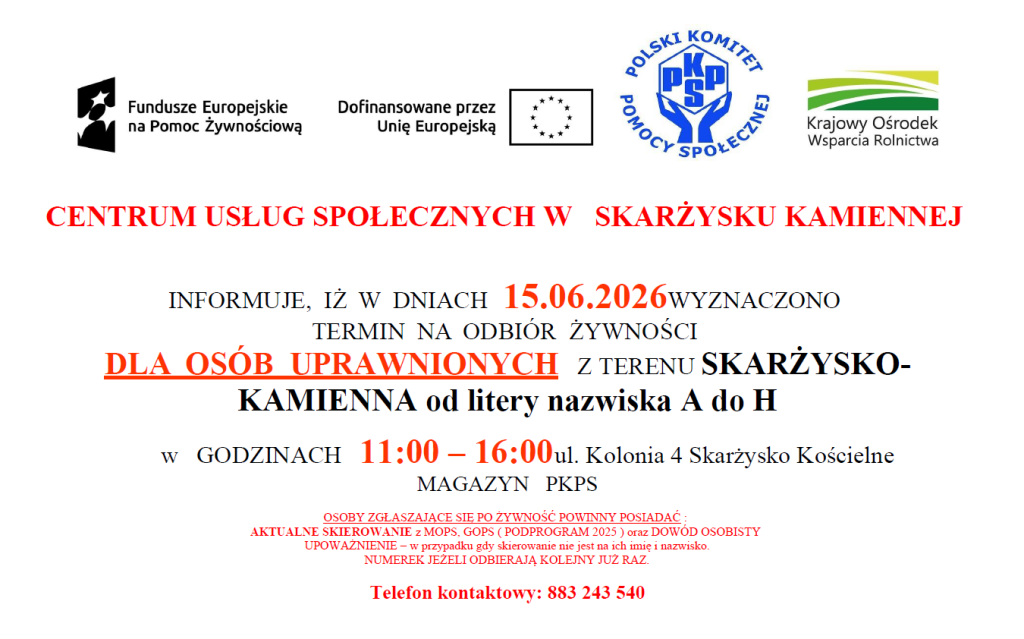 Plakat odbiór żywności dla osób uprawnionych z terenu Skarżysko-Kamienna od litery nazwiska A do H