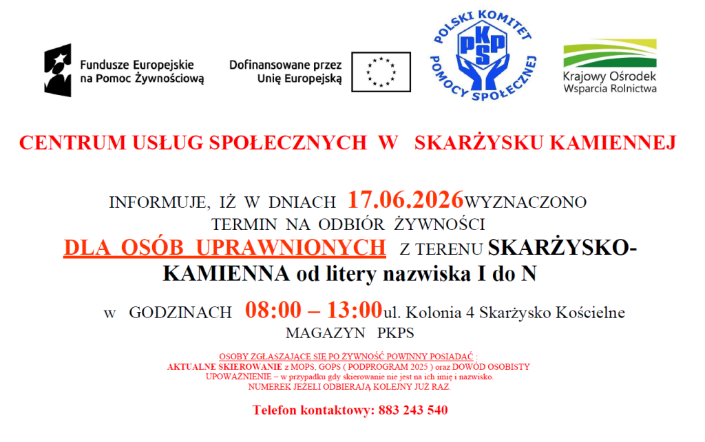 Plakat odbiór żywności dla osób uprawnionych z terenu Skarżysko-Kamienna od litery nazwiska I do N