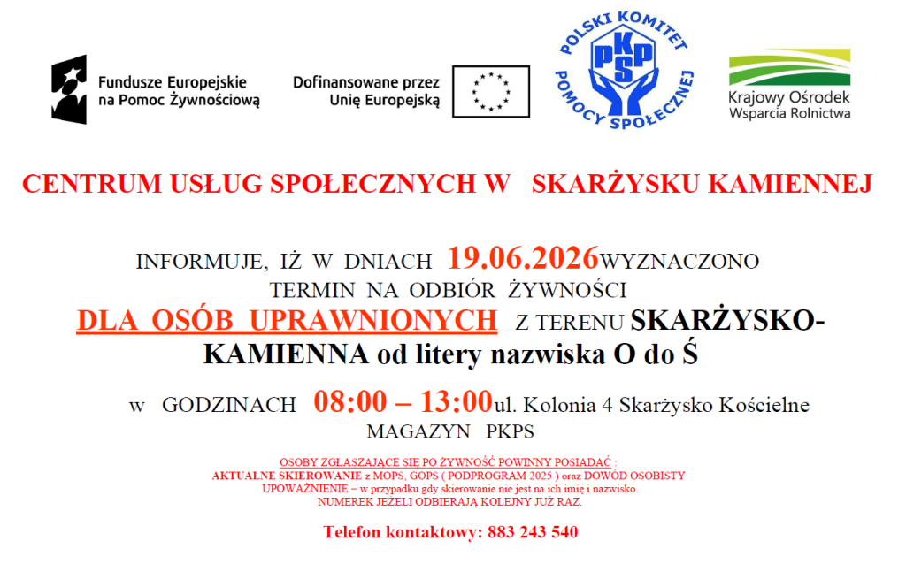 Plakat odbiór żywności dla osób uprawnionych z terenu Skarżysko-Kamienna od litery nazwiska O do Ś
