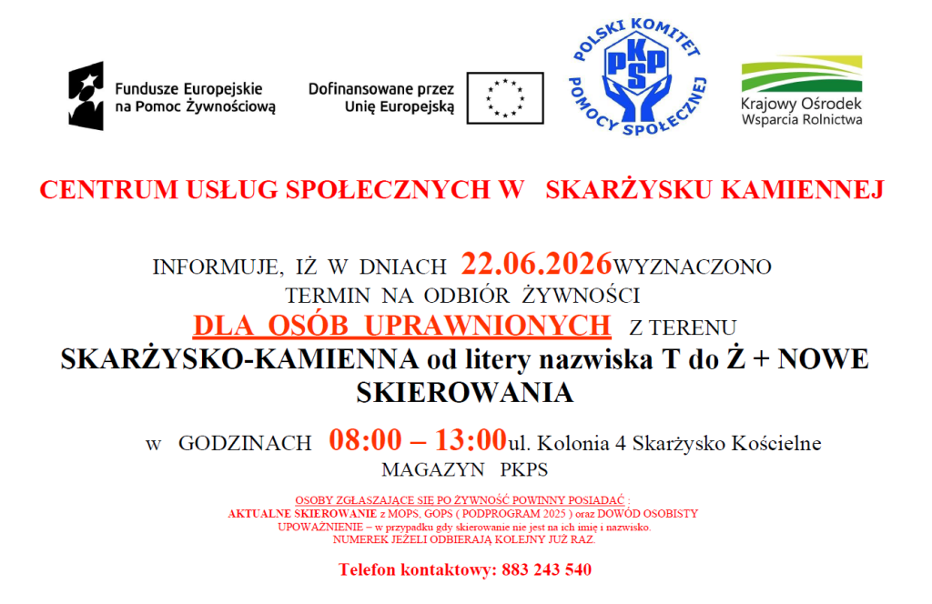 Plakat odbiór żywności dla osób uprawnionych z terenu Skarżysko-Kamienna od litery nazwiska T do Ż
