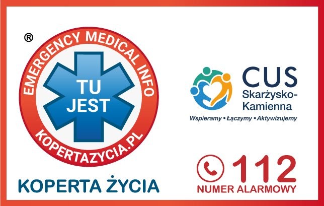 Tekst do odczytania dla osób niedowidzących/niewidomych Na samej górze po lewej stronie umieszczone jest logo kopertazycia.pl, natomiast po prawej stronie logo Centrum Usług Społecznych w Skarżysku-Kamiennej. Poniżej znajduje się następująca treść: Koperta Życia numer alarmowy 112