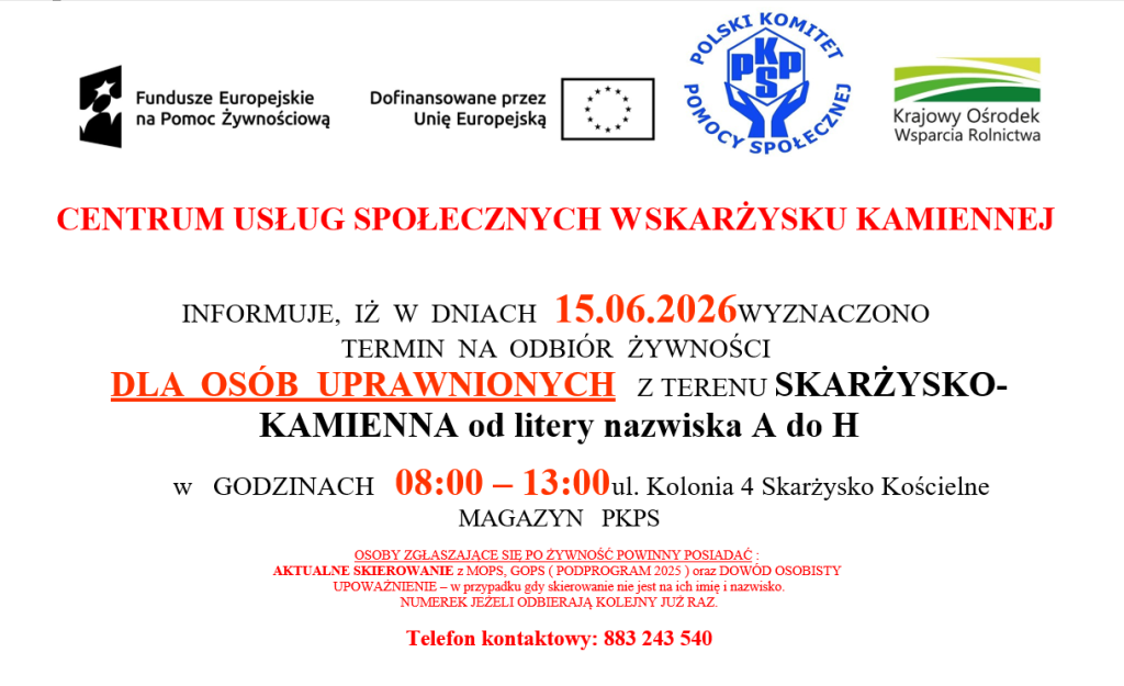 Plakat odbiór żywności dla osób uprawnionych z terenu Skarżysko-Kamienna od litery nazwiska A do H