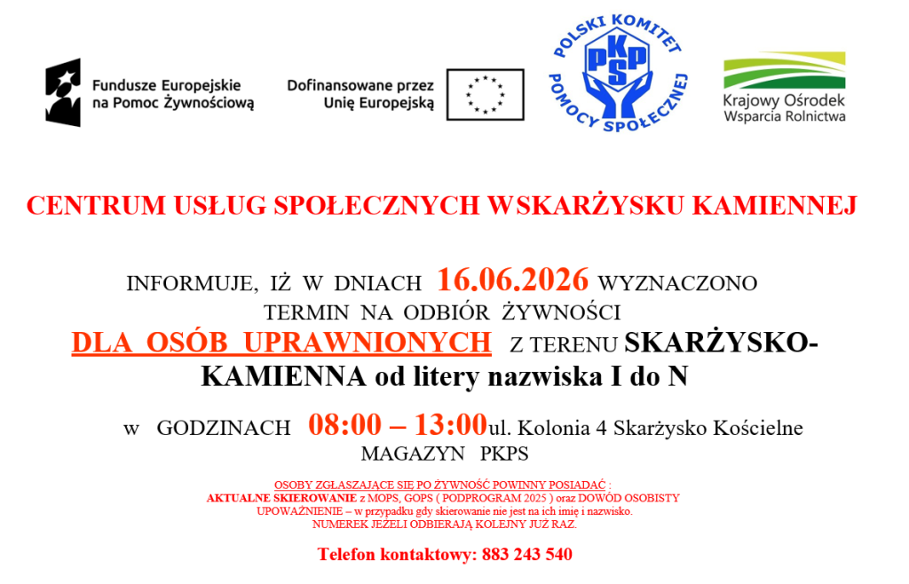Plakat odbiór żywności dla osób uprawnionych z terenu Skarżysko-Kamienna od litery nazwiska I do N