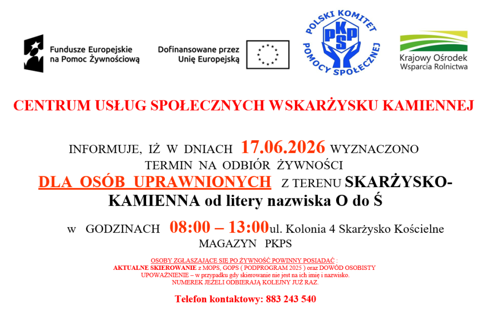 Plakat odbiór żywności dla osób uprawnionych z terenu Skarżysko-Kamienna od litery nazwiska O do Ś