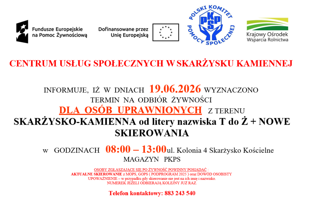 Plakat odbiór żywności dla osób uprawnionych z terenu Skarżysko-Kamienna od litery nazwiska T do Ż