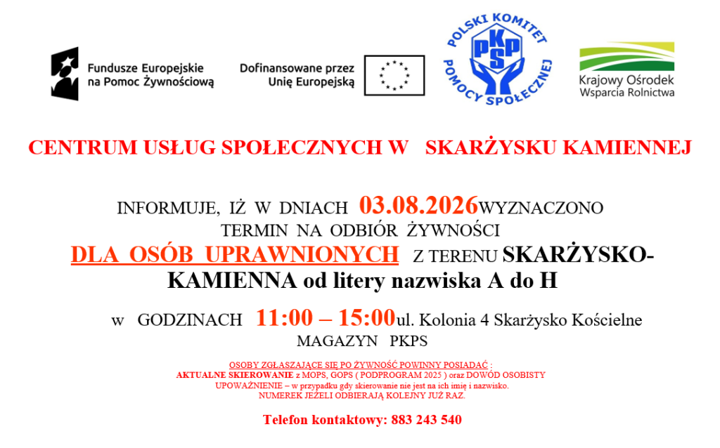 Plakat odbiór żywności dla osób uprawnionych z terenu Skarżysko-Kamienna od litery nazwiska A do H