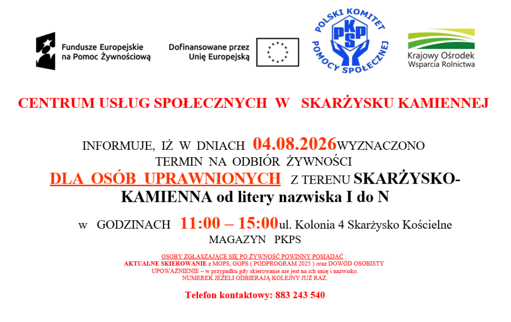 Plakat odbiór żywności dla osób uprawnionych z terenu Skarżysko-Kamienna od litery nazwiska I do N