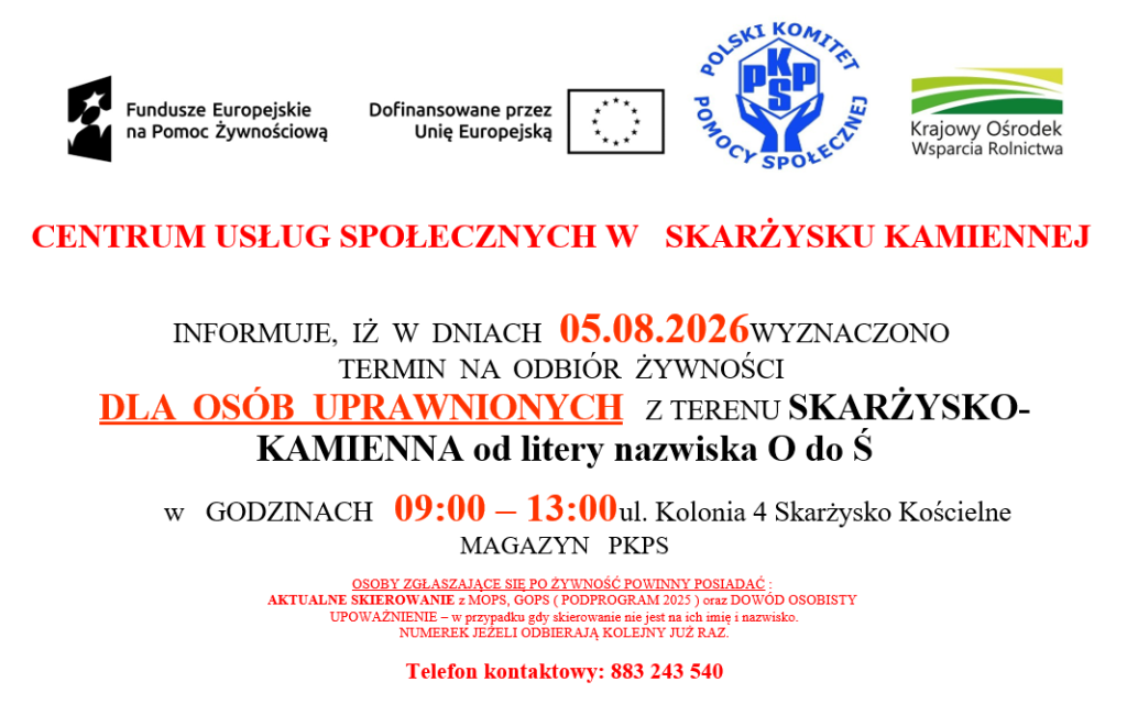 Plakat odbiór żywności dla osób uprawnionych z terenu Skarżysko-Kamienna od litery nazwiska O do Ś