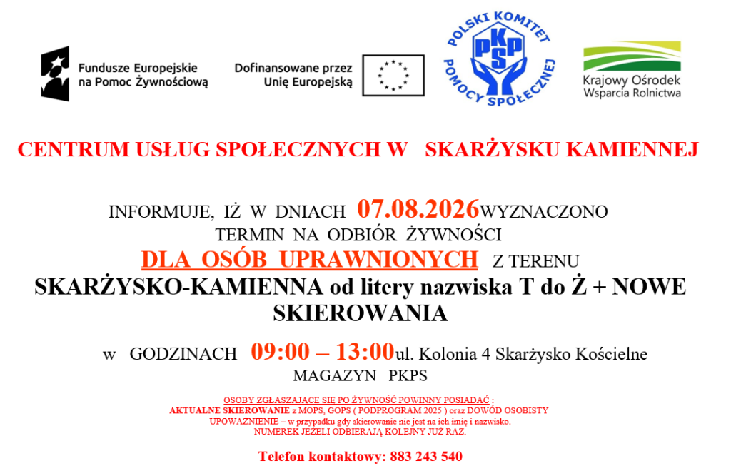 Plakat odbiór żywności dla osób uprawnionych z terenu Skarżysko-Kamienna od litery nazwiska T do Ż