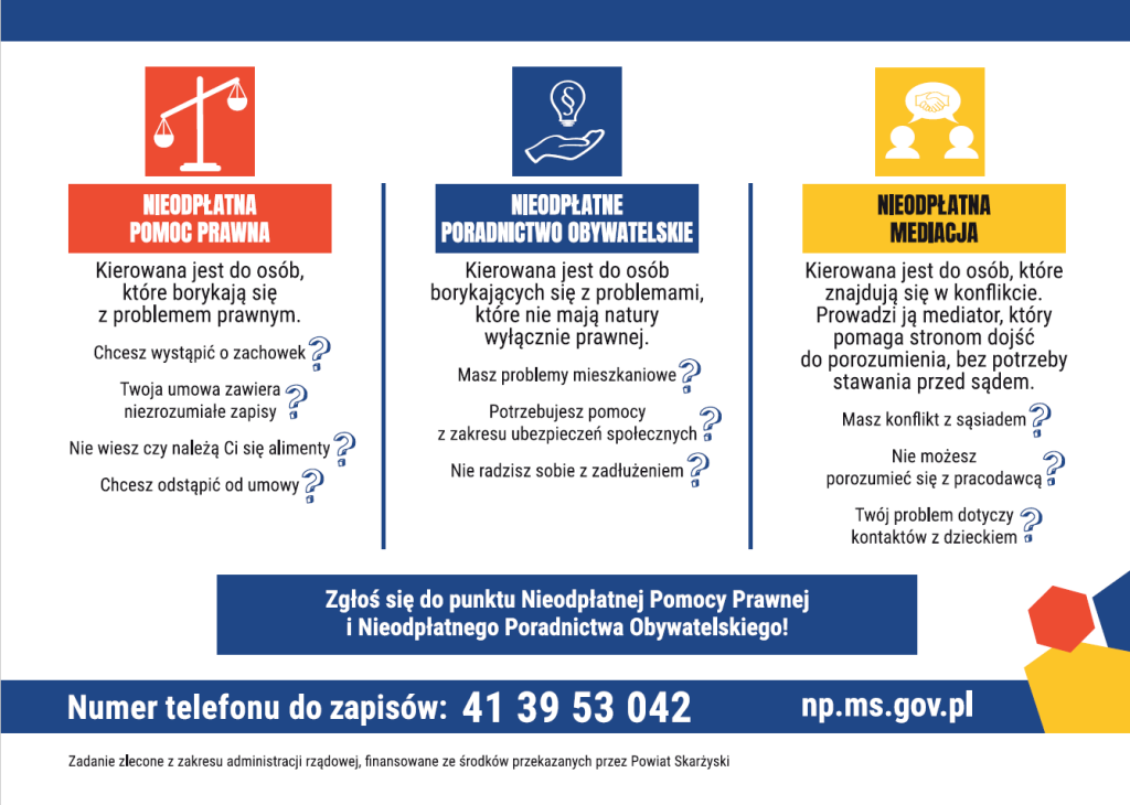 Ulotka System Nieodpłatnej pomocy prawnej. Numer telefonu do zapisów 41 39 53 042