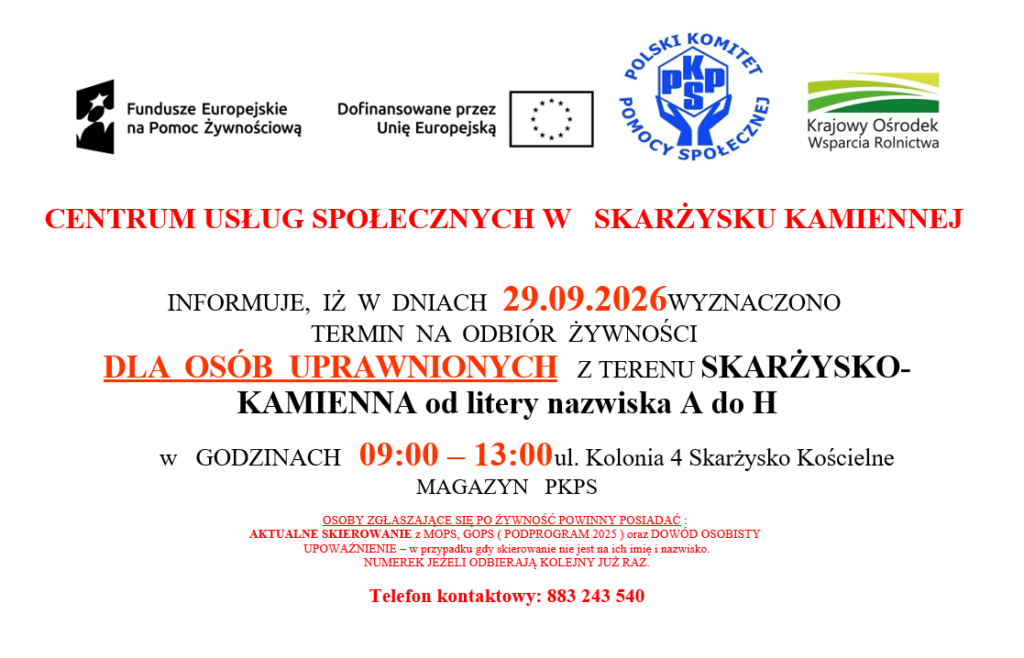 Plakat odbiór żywności dla osób uprawnionych z terenu Skarżysko-Kamienna od litery nazwiska A do H