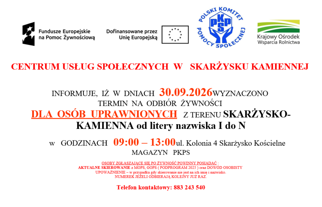 Plakat odbiór żywności dla osób uprawnionych z terenu Skarżysko-Kamienna od litery nazwiska I do N