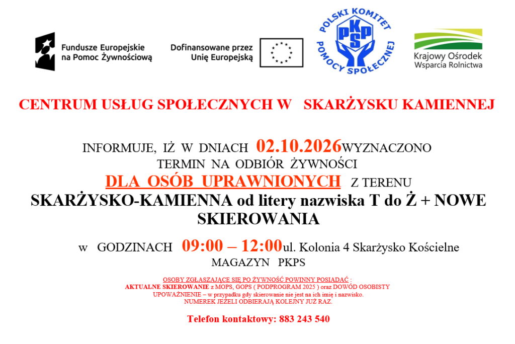 Plakat odbiór żywności dla osób uprawnionych z terenu Skarżysko-Kamienna od litery nazwiska T do Ż